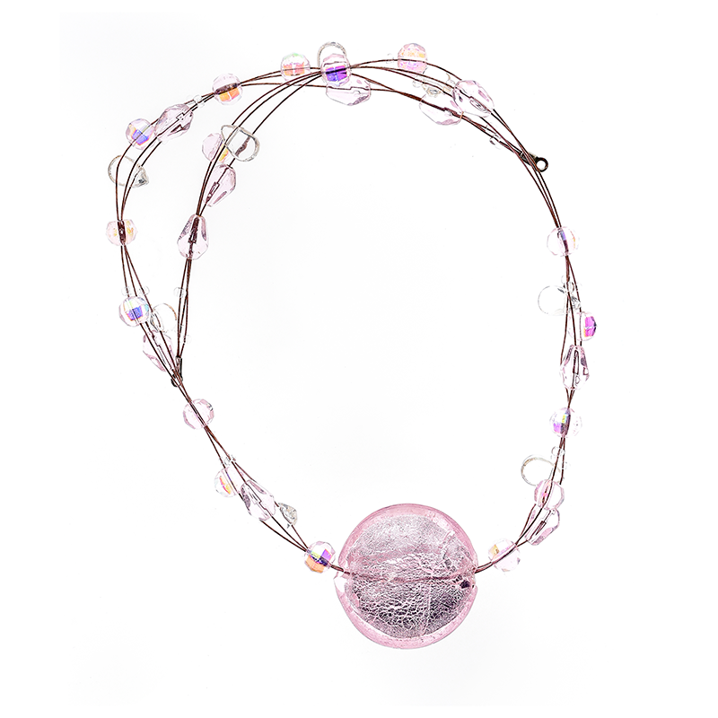Stranded Glass Bead Choker with Pink Stone Pendant